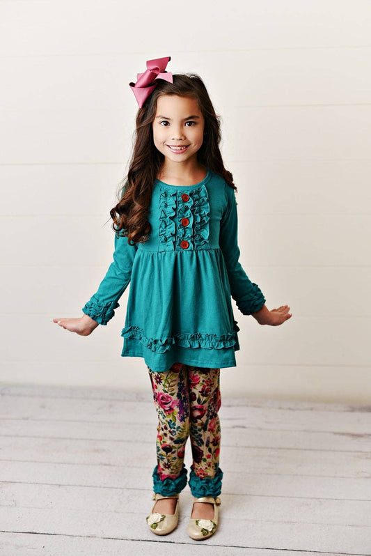 Kids Teal Plum Floral Ruffle Button Fall Two Piece Set Adorable Sweetness