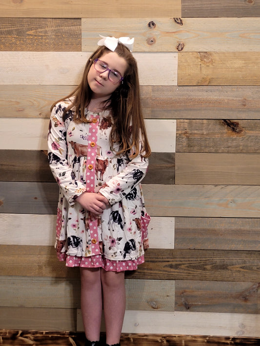 Flowery Cow Day Long Sleeve Dress