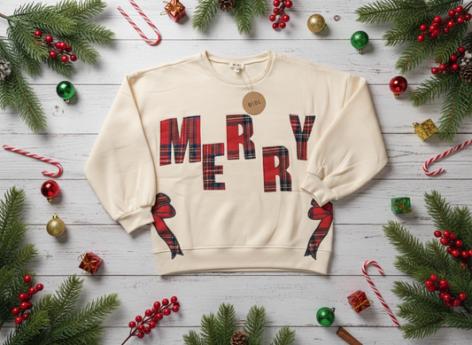Beige Merry Sweatshirt with Plaid Embroidered Bows by BiBi