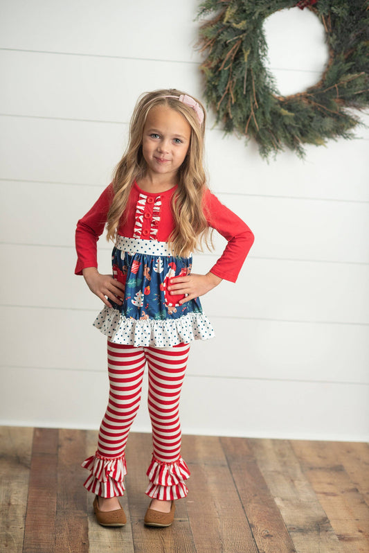 Kids Christmas Holiday Candy Cane Stripe Ruffle Pocket Boutique Outfit