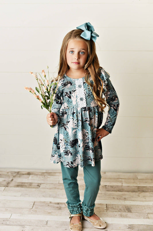 Adorable Sweetness Kids Sage Green Floral Tunic Top & Legging Pants Set