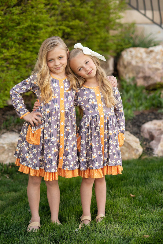 Kids Gray & Mustard Floral Ruffle Button Pocket Dress Adorable Sweetness