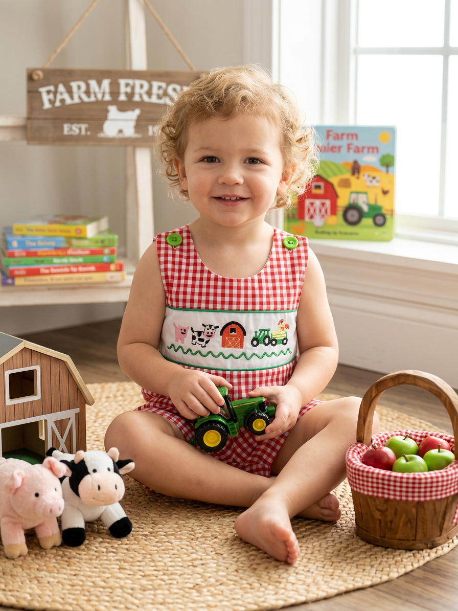 Baby Boy Farm Animal Embroidered Jon Jon – Red Gingham Barnyard Romper Boutique Outfit