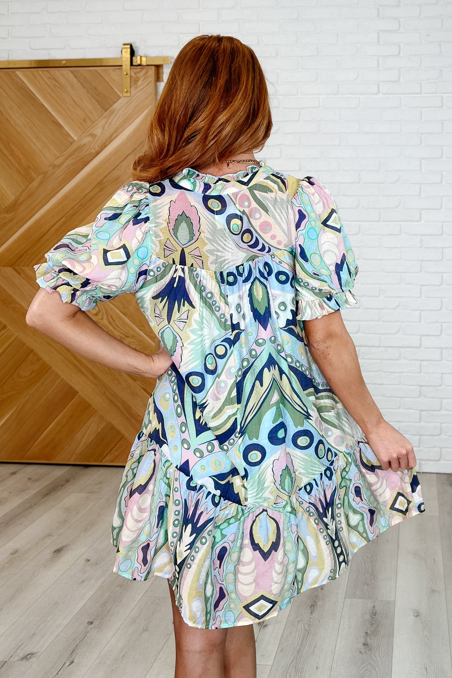 Umgee Boho Belle V-Neck Tiered Dress in Green Mix