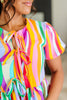 Bright Rainbow Swirl Peplum Top – Puff Sleeve Tie-Front Blouse | Small to 3X