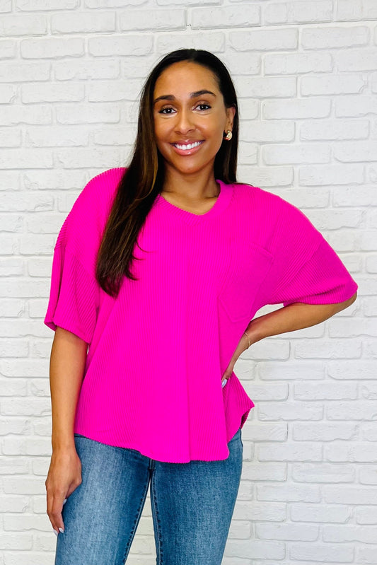 Just a Casual Girly V-Neck Basic Tee in Fuchsia Andree By Unit