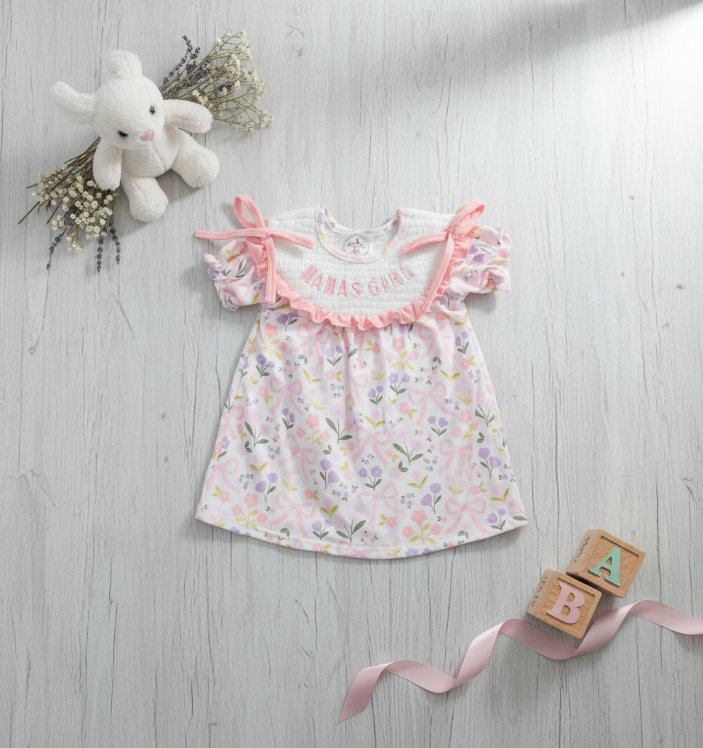 Mama's Girl Little Smocked Embroidered Cotton Dress with floral and coquette bows