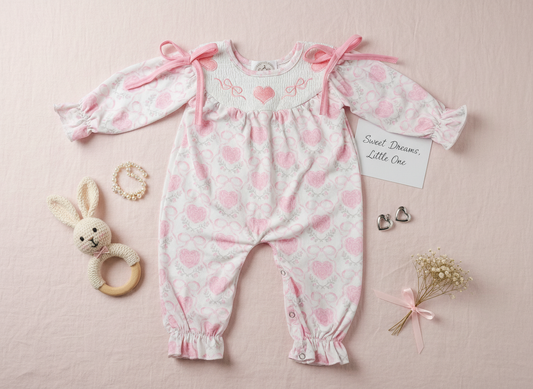 Sweetheart Smocked Baby Romper with Embroidery Hearts & Coquette Bows- Baby