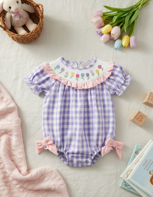 Lavender Bubble Romper for Baby Girls โ Matching Smocked Dress Set