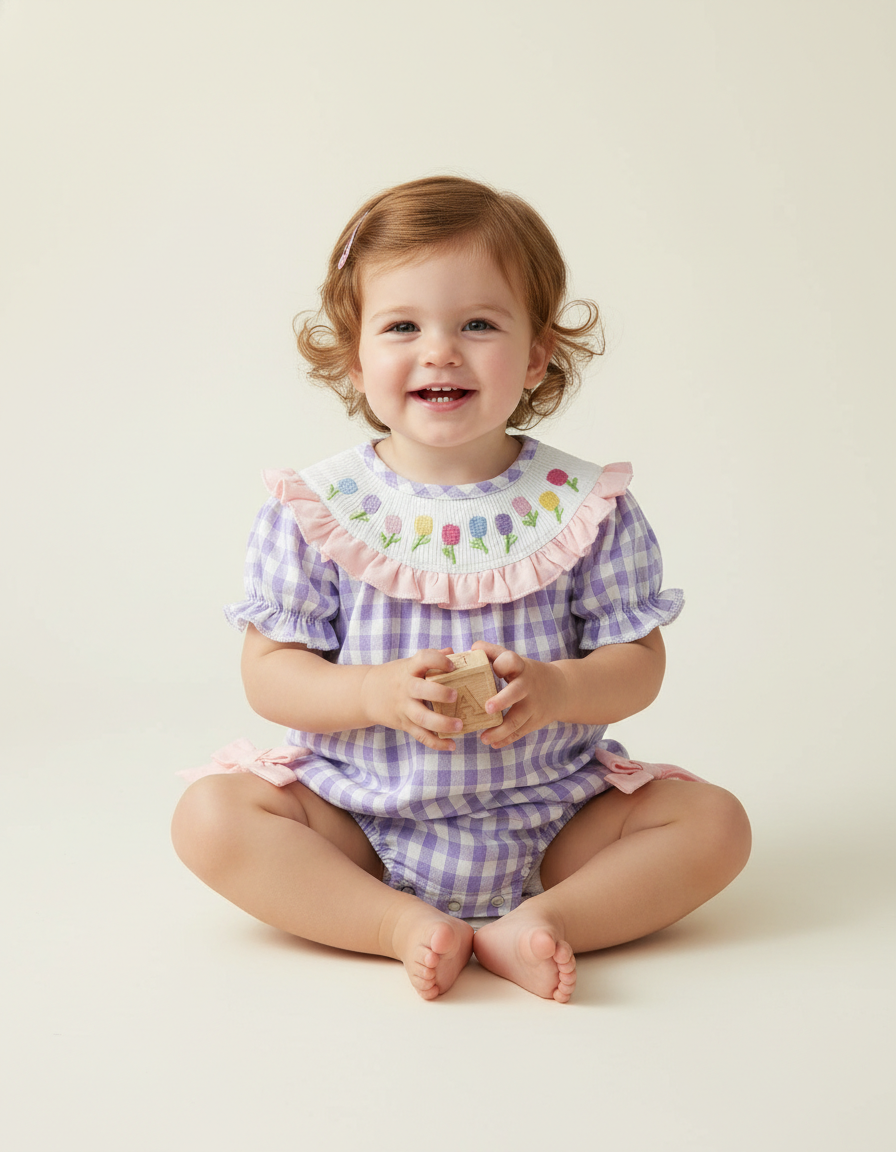 Lavender Bubble Romper for Baby Girls – Matching Smocked Dress Set