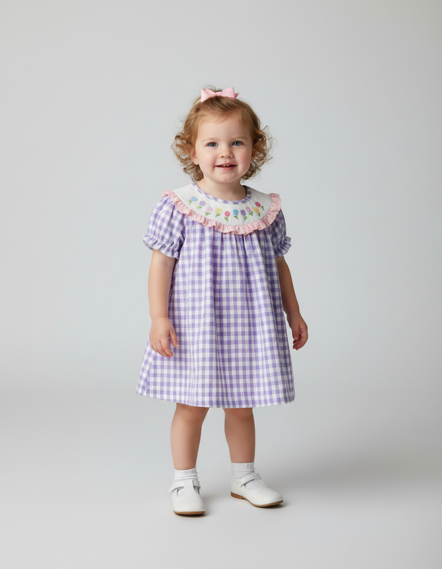 Lavender Gingham Tulip Embroidered Smocked Girls Dress- Small Beginnings Boutique