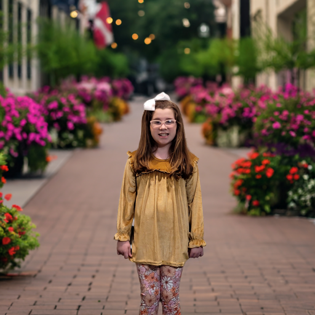Girls Velour Babydoll Top and Floral Leggings 2-Piece Set - Golden Mustard