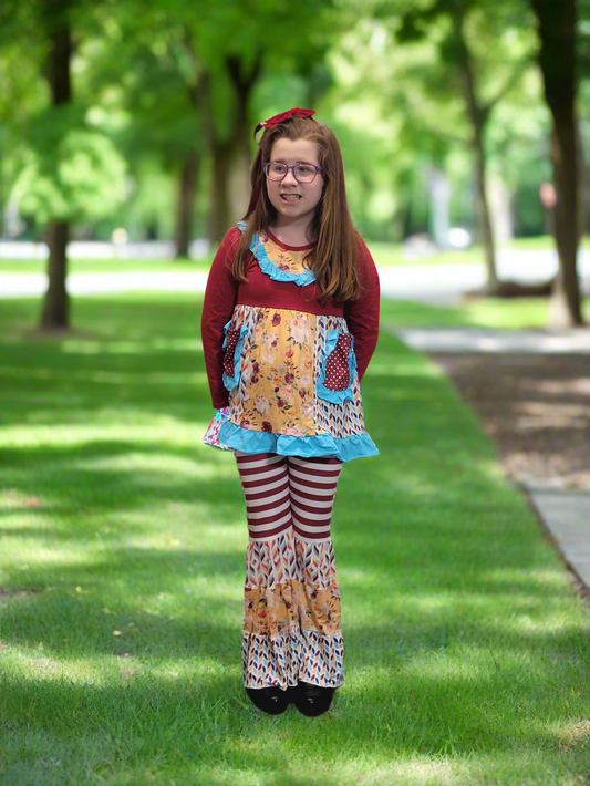 Maroon Garden Floral Long Sleeve Bell Bottom Patched Outfit