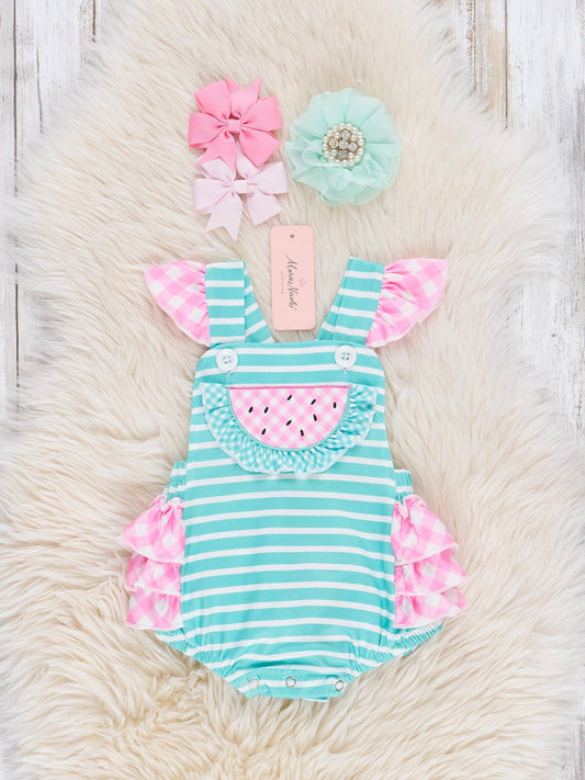 Watermelon Gingham Ruffle Bubble Marie Nicole Clothing