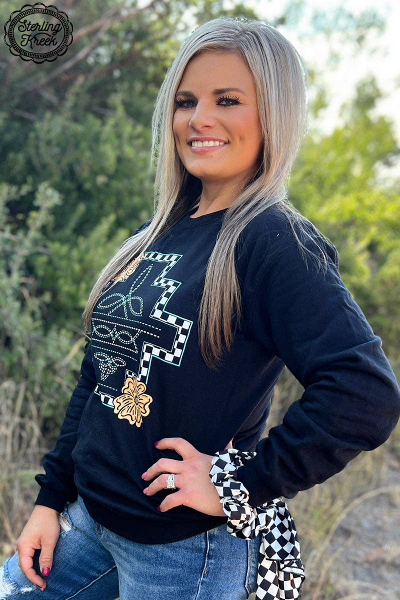 Little Country Little Hood Pullover – Checked Aztec Graphic Hoodie with Leather Flower Accents, Trendy Women’s Pullover