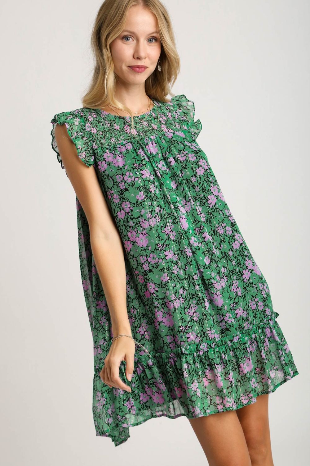Umgee Full Size Smocked Detail Floral Metallic Ruffle Cap Sleeve Dress   Small Beginnings Boutique