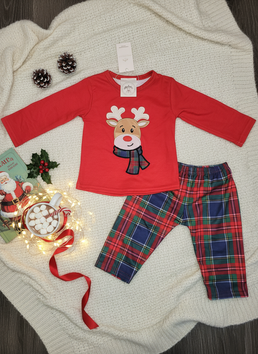 Boys Christmas Reindeer Plaid Outfit Set | Kids Christmas Clothes