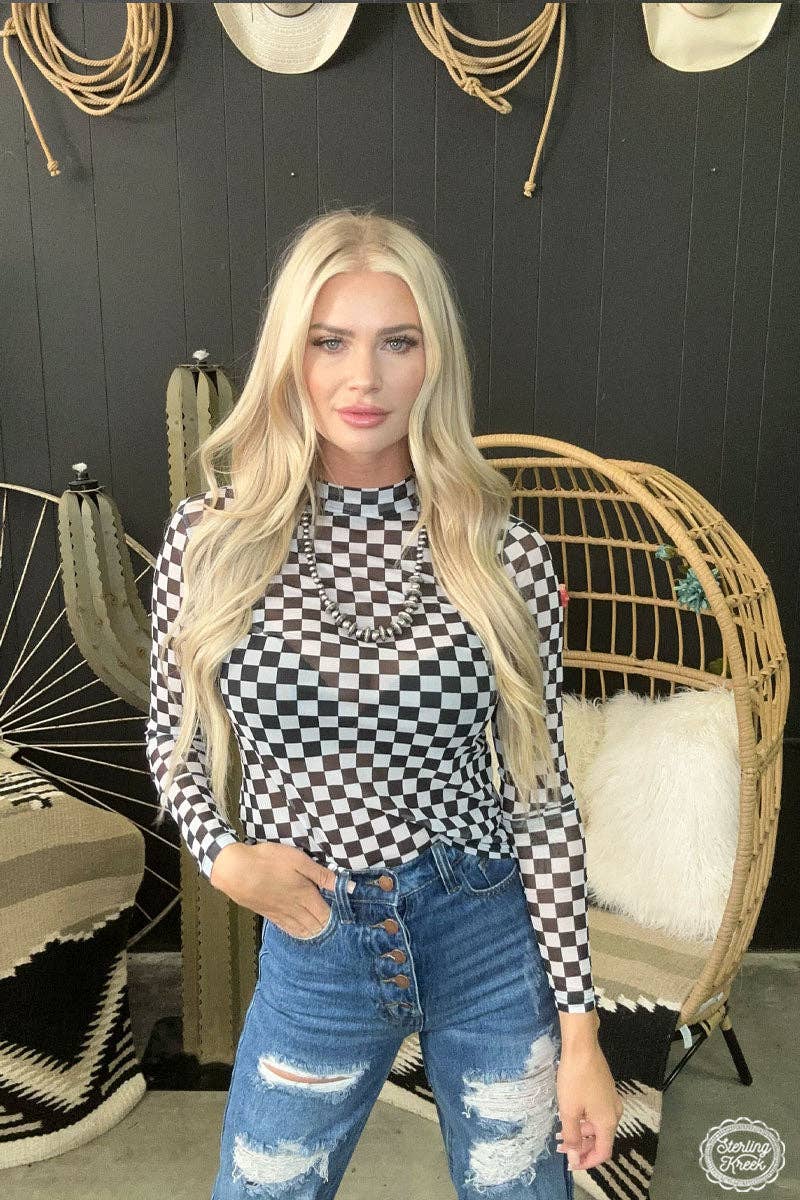 Sterling Kreek – Round The Track Black & White Checkered Mesh Top – Women’s Streetwear Layering Shirt