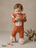 Baby Girl Pumpkin Appliqué Heirloom Romper Floral Rust with Ruffles