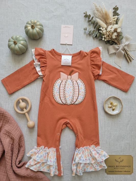 Baby Girl Pumpkin Appliqué Heirloom Romper Floral Rust with Ruffles