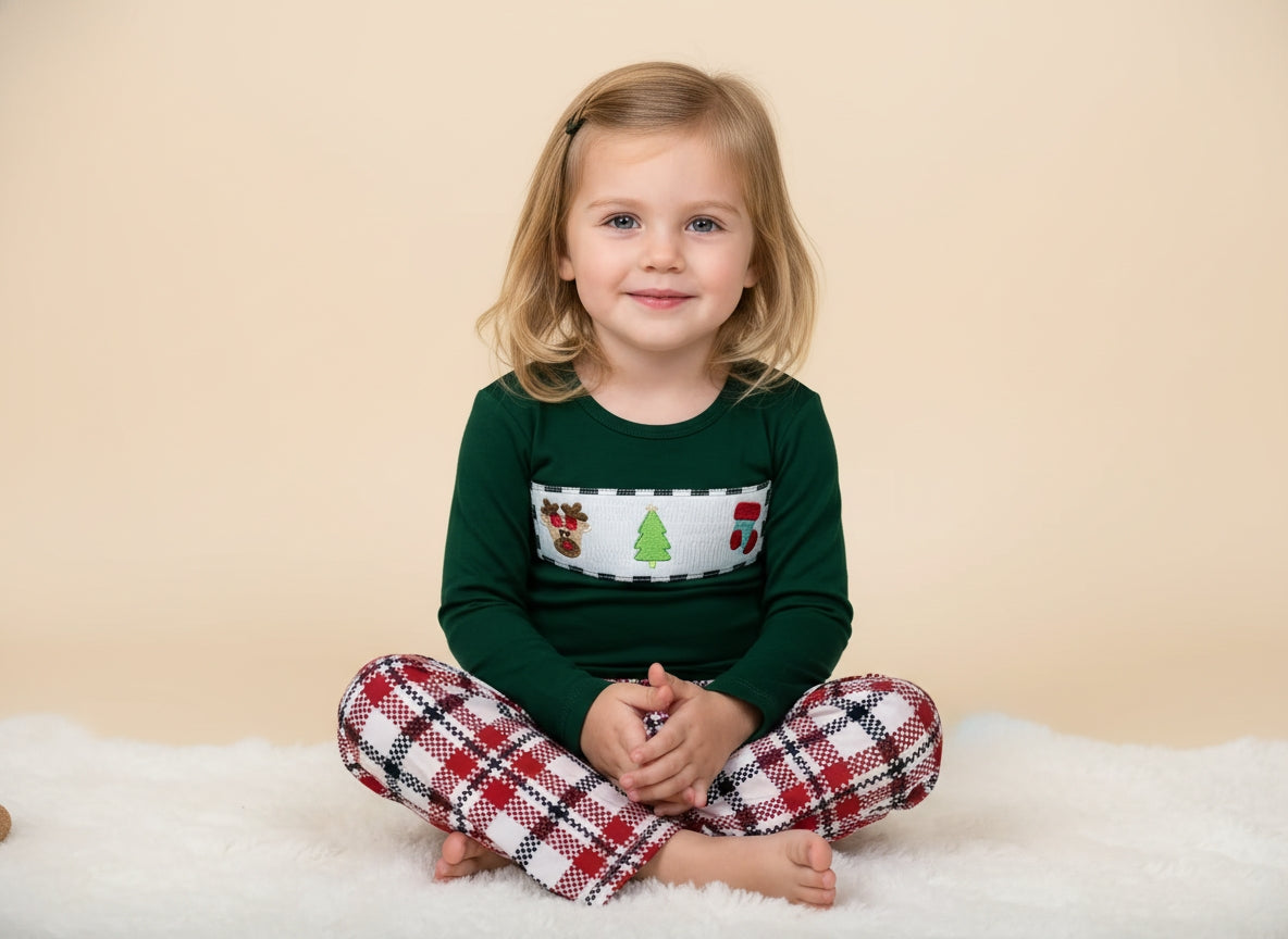 Christmas Smocked Outfit – Reindeer, Stocking & Tree (Unisex Baby, Toddler & Kids) by Small Beginnings Boutique