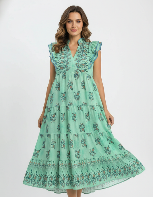 Woman wearing a green floral dress on a white background