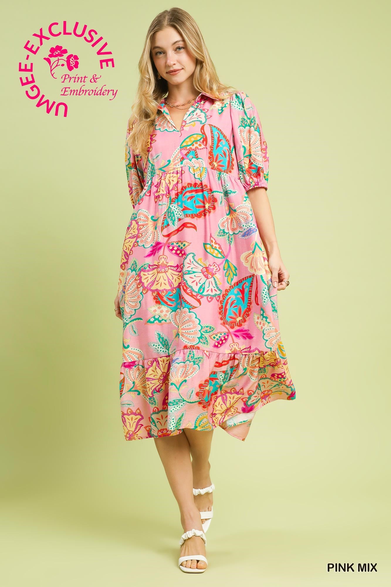 Mix Paisley Floral Print Midi Dress- Umgee