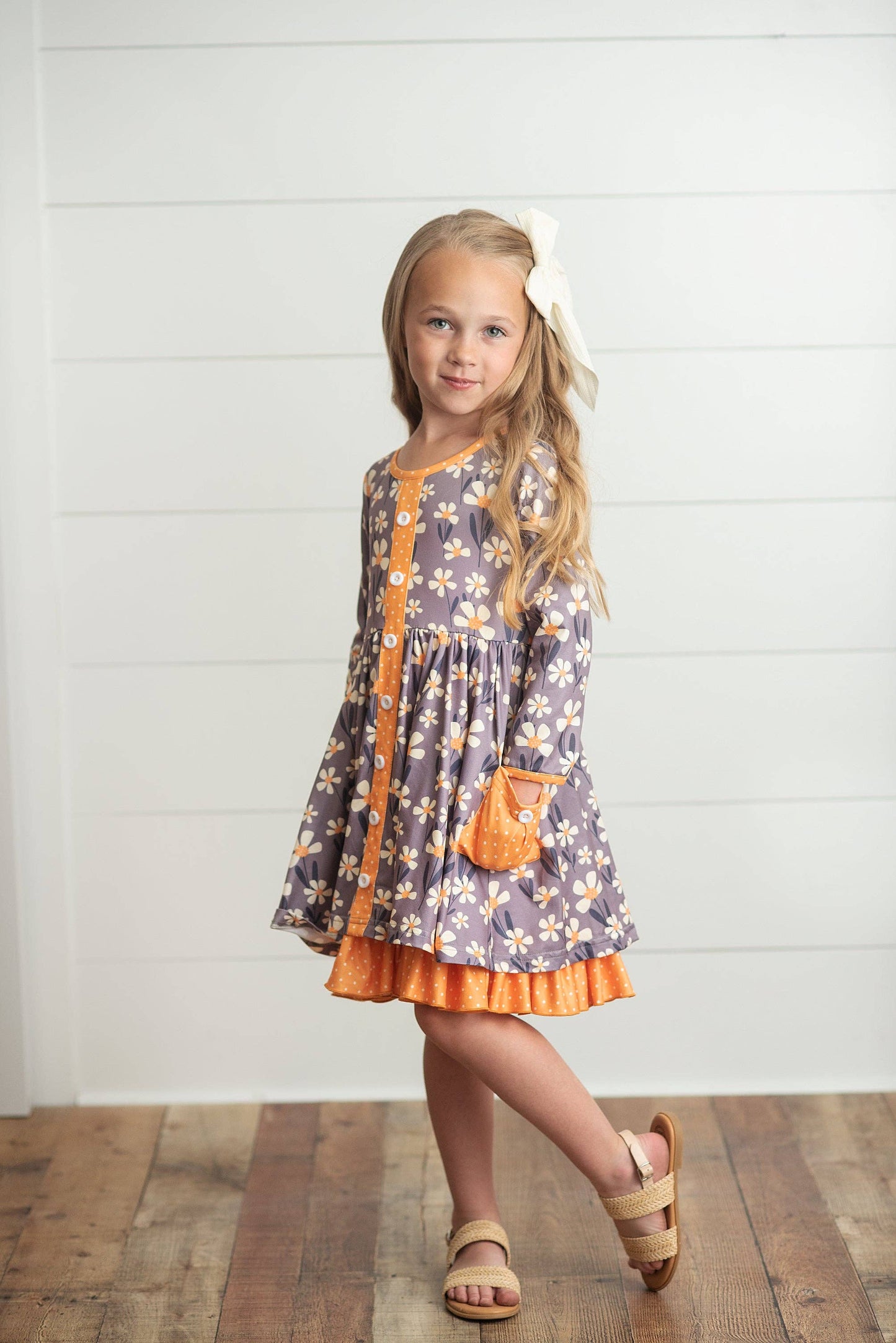 Kids Gray & Mustard Floral Ruffle Button Pocket Dress Adorable Sweetness