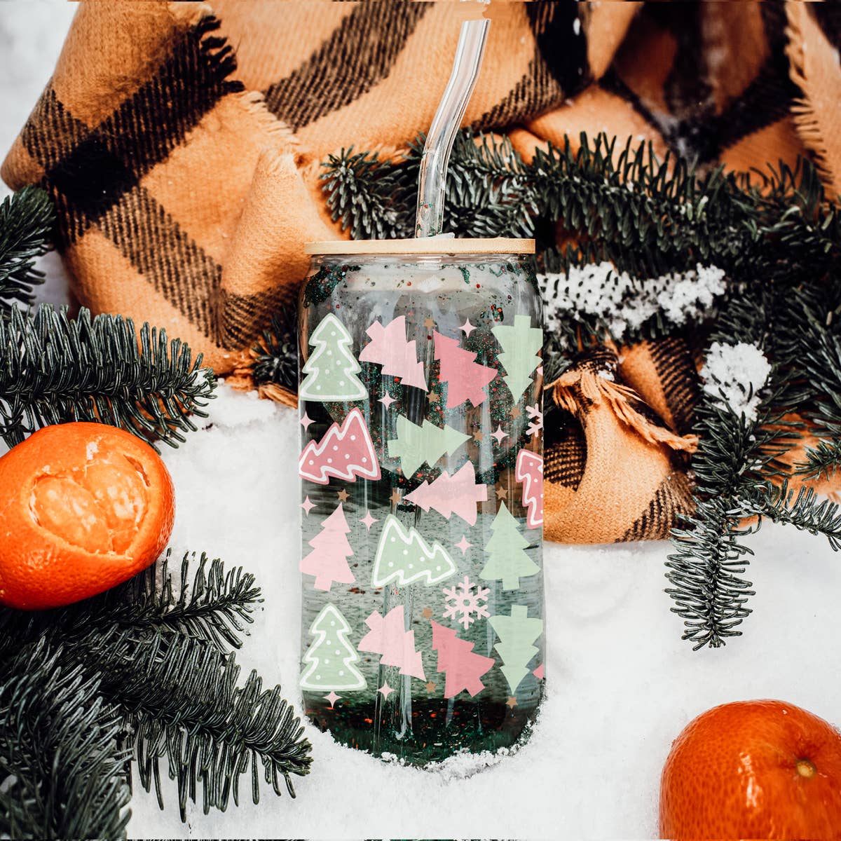 Gia Roma Candy Cane Christmas Can Glass – Holiday Cup with Glass Straw & Lid, Festive Drinkware for Christmas