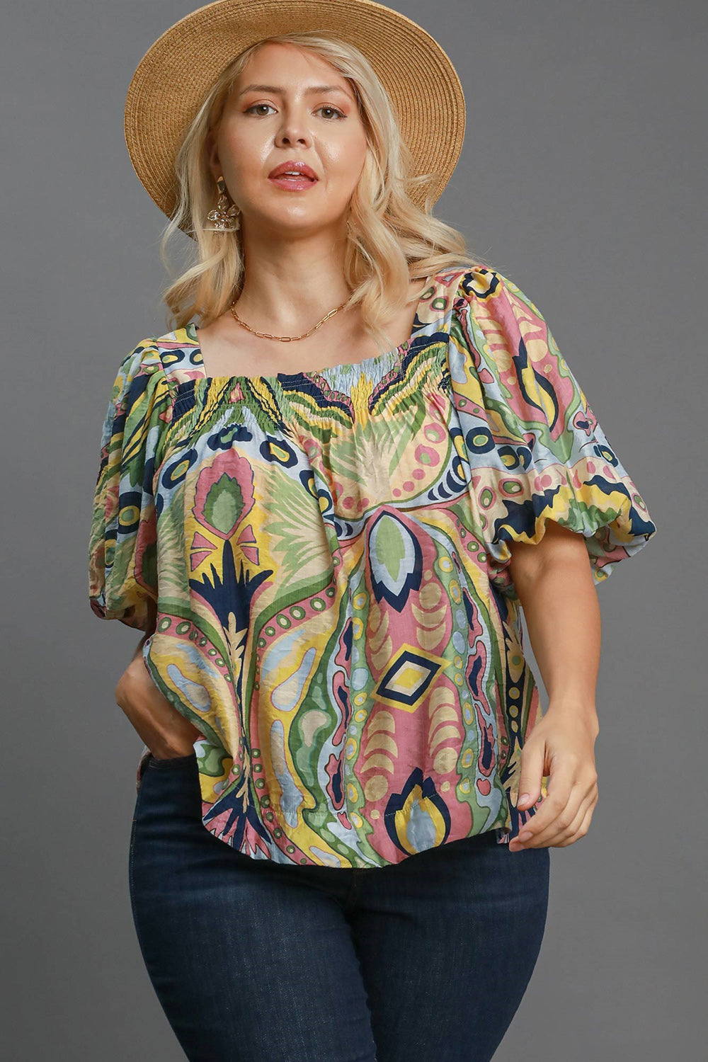 Restocked Umgee Full Size Abstract Print Smocked Square Neck Puff Sleeve Blouse