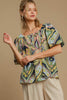 Restocked Umgee Full Size Abstract Print Smocked Square Neck Puff Sleeve Blouse