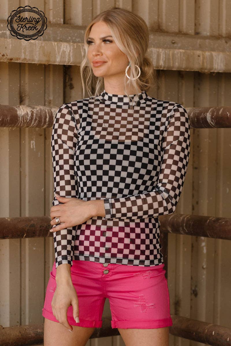 Sterling Kreek – Round The Track Black & White Checkered Mesh Top – Women’s Streetwear Layering Shirt