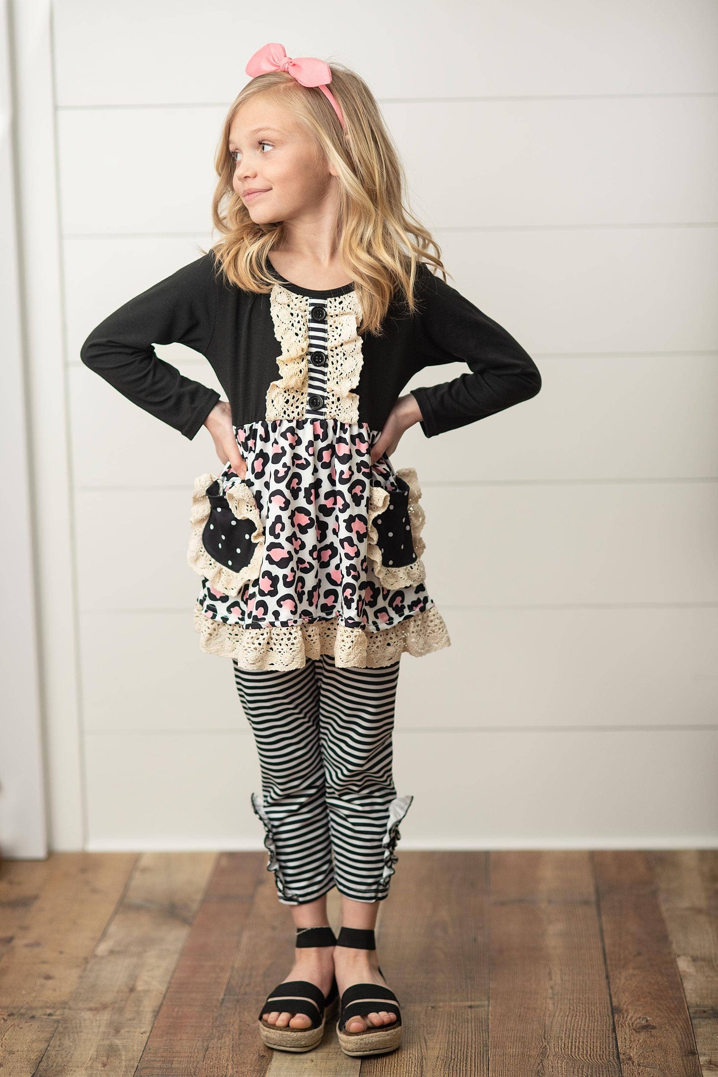 Kids Black Stripe Leopard Pocket Two Piece Fall Ruffle Set