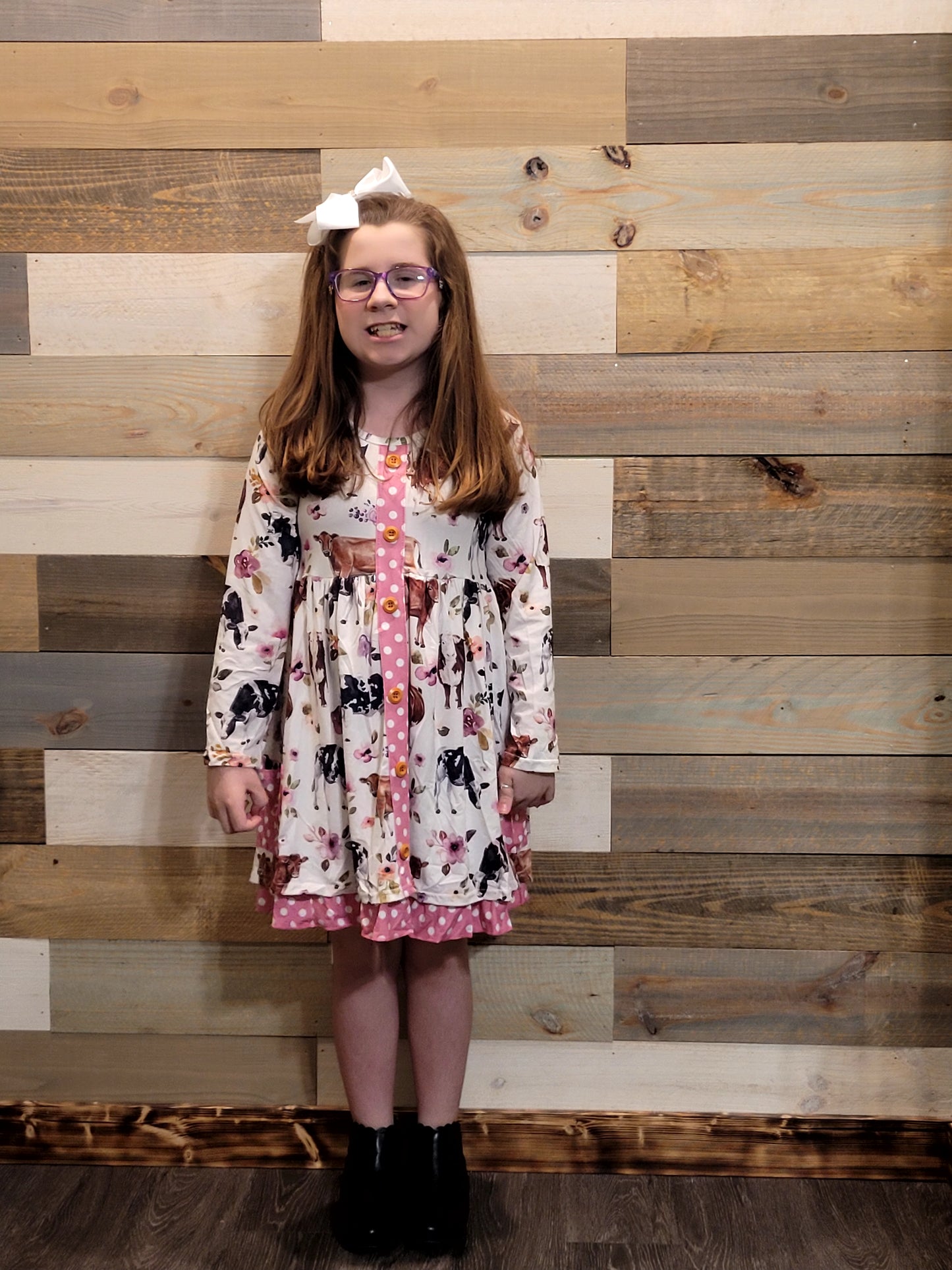 Flowery Cow Day Long Sleeve Dress