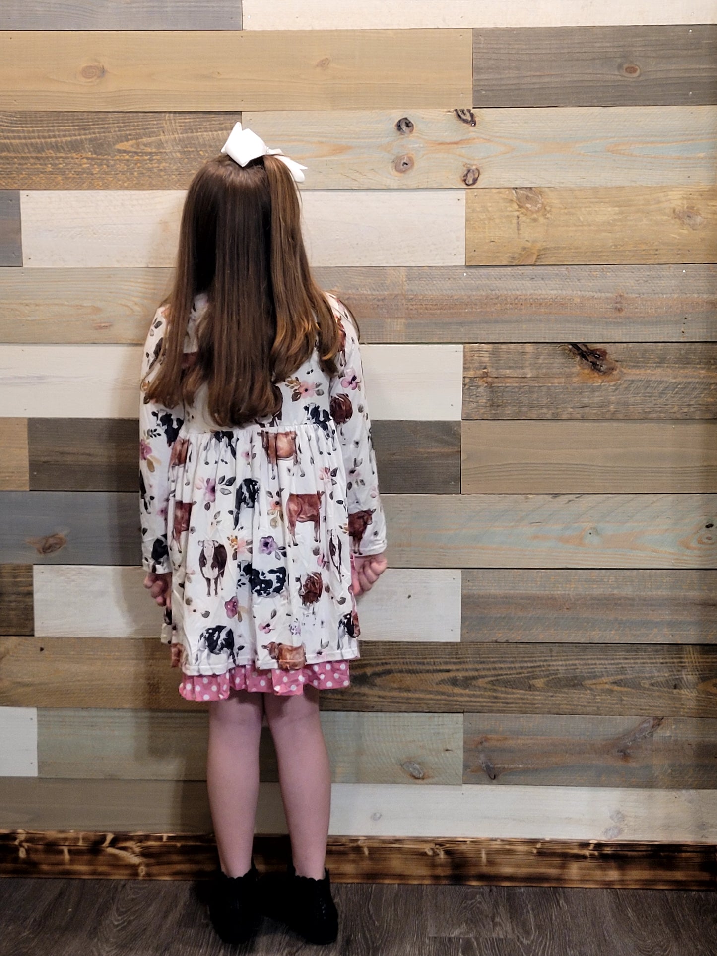 Flowery Cow Day Long Sleeve Dress