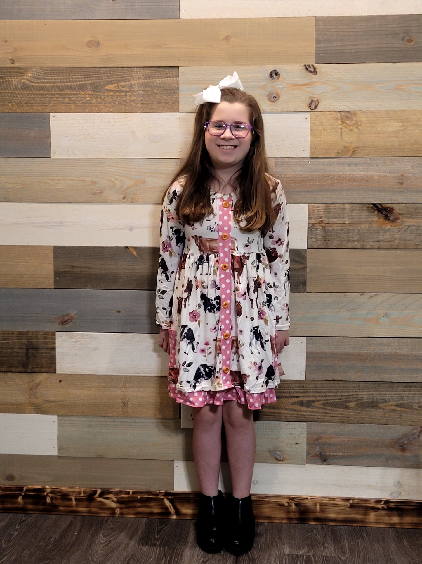 Flowery Cow Day Long Sleeve Dress