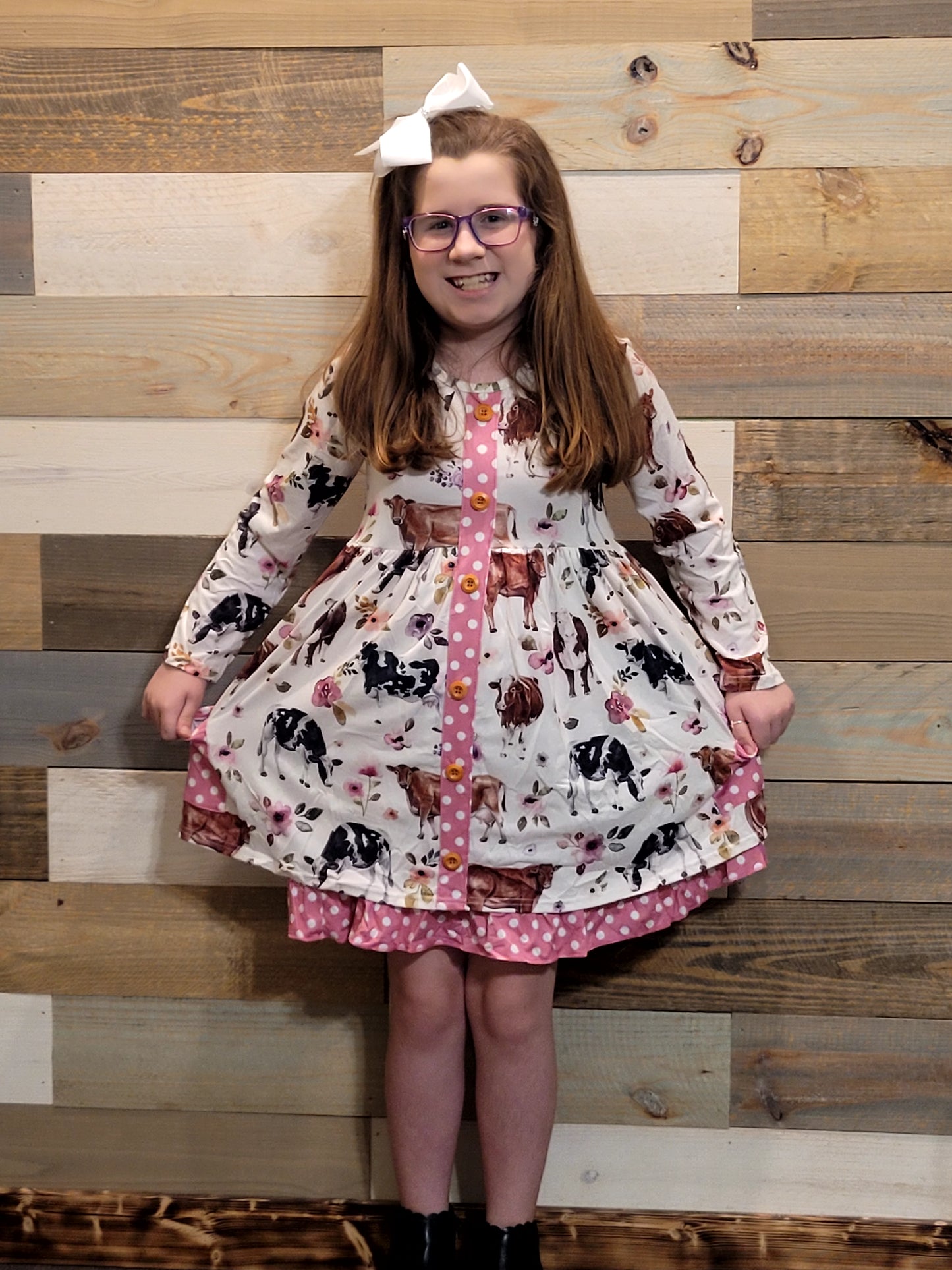 Flowery Cow Day Long Sleeve Dress