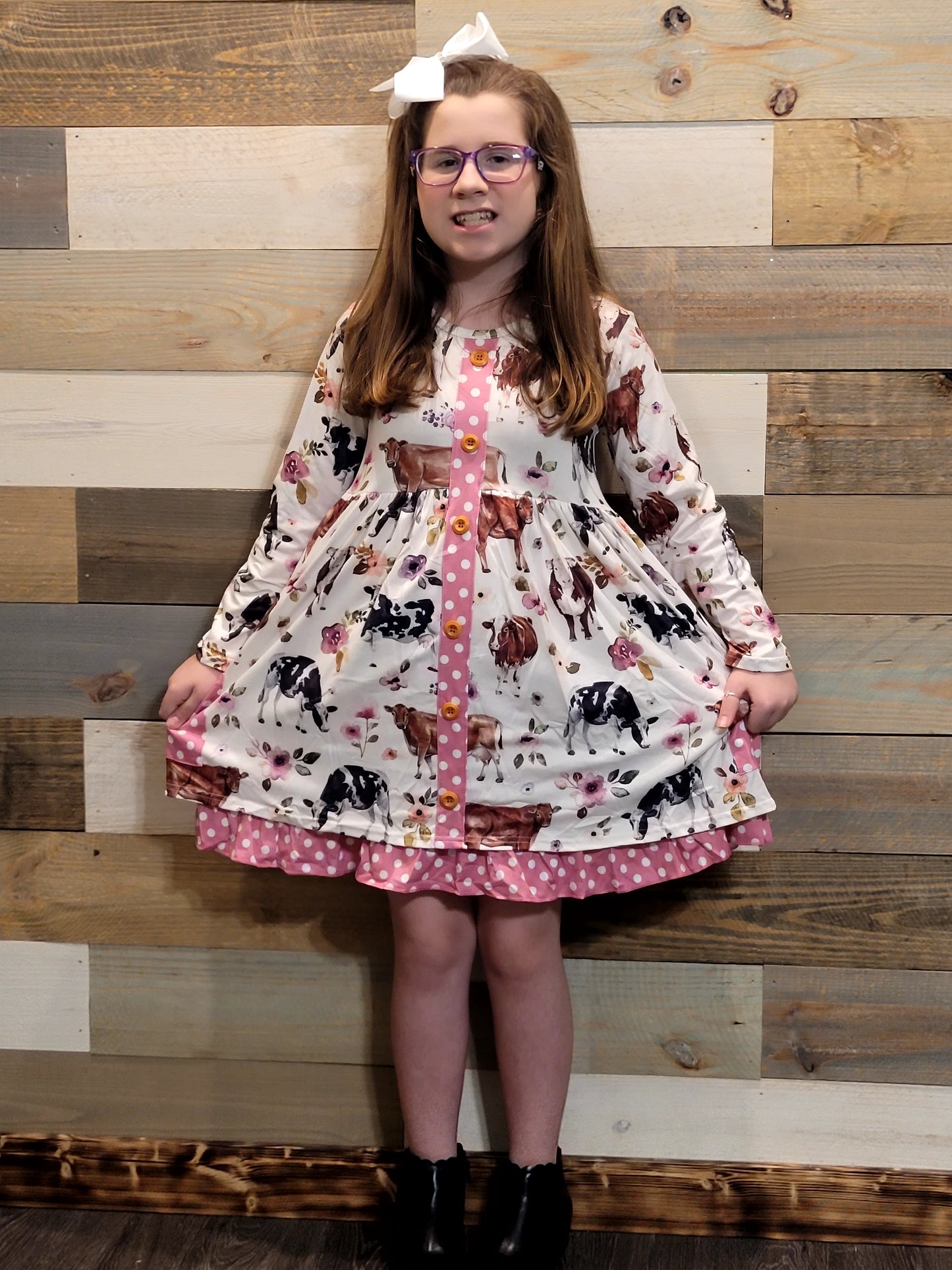 Flowery Cow Day Long Sleeve Dress