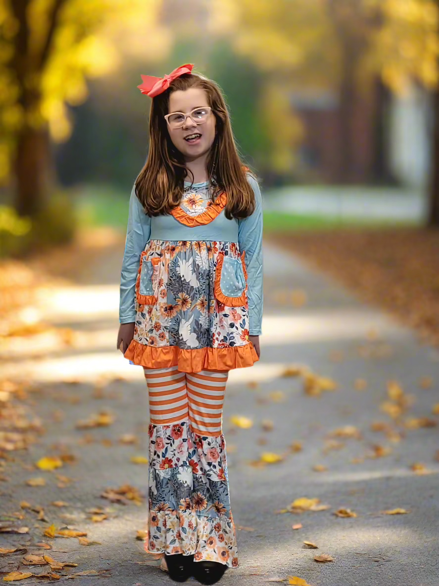 Girls Fall Bell Bottom Outfit – Light Blue Floral Boutique Set for Little Girls