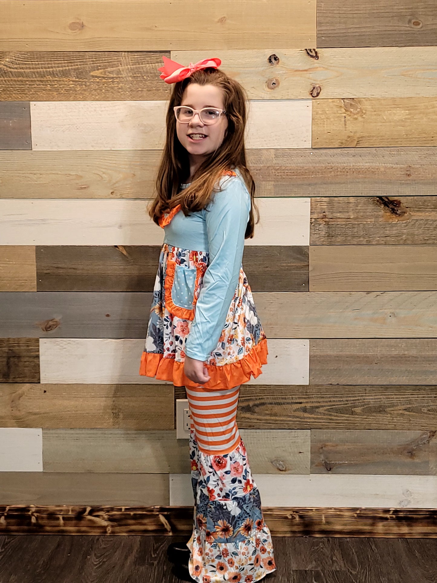 Girls Fall Bell Bottom Outfit – Light Blue Floral Boutique Set for Little Girls