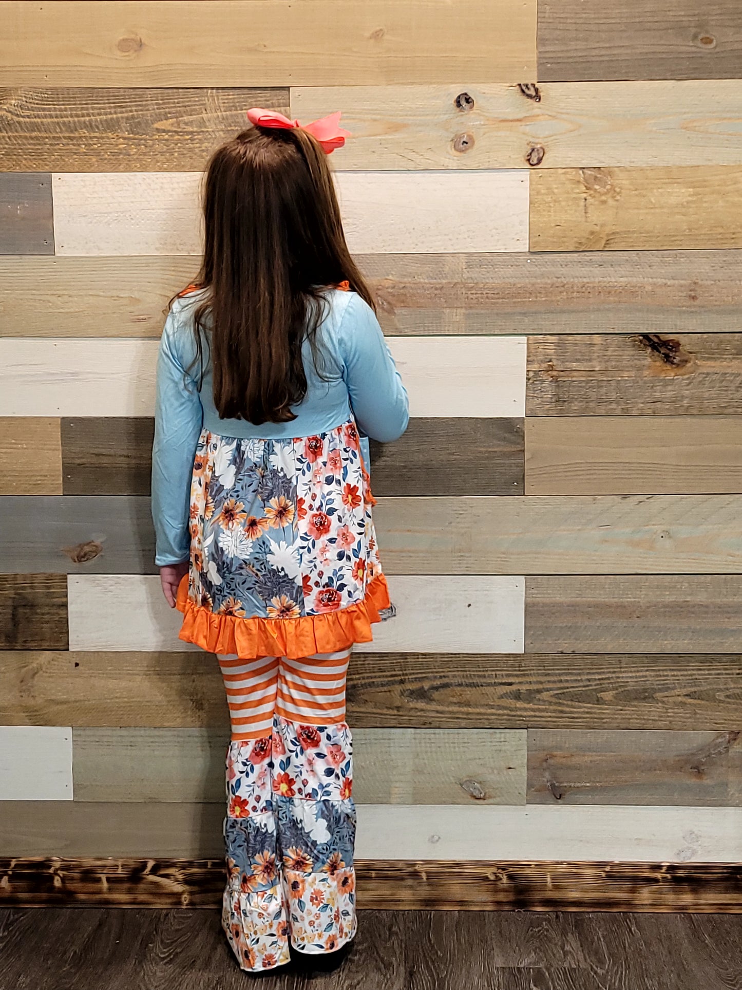 Girls Fall Bell Bottom Outfit – Light Blue Floral Boutique Set for Little Girls