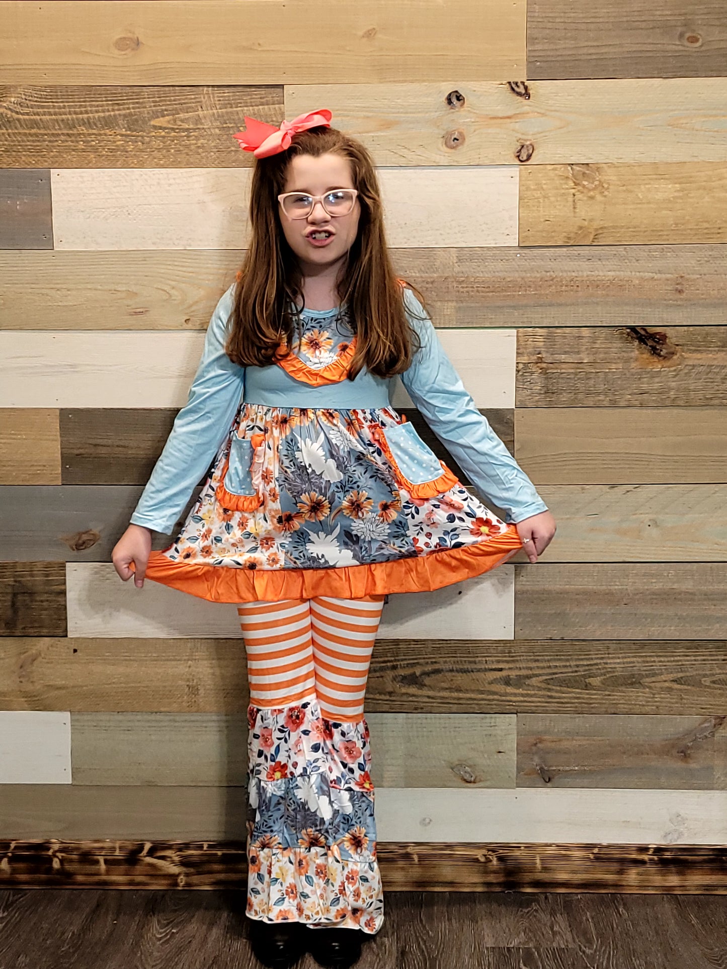 Girls Fall Bell Bottom Outfit – Light Blue Floral Boutique Set for Little Girls