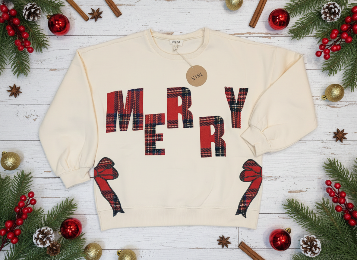 Beige Merry Sweatshirt with Plaid Embroidered Bows by BiBi