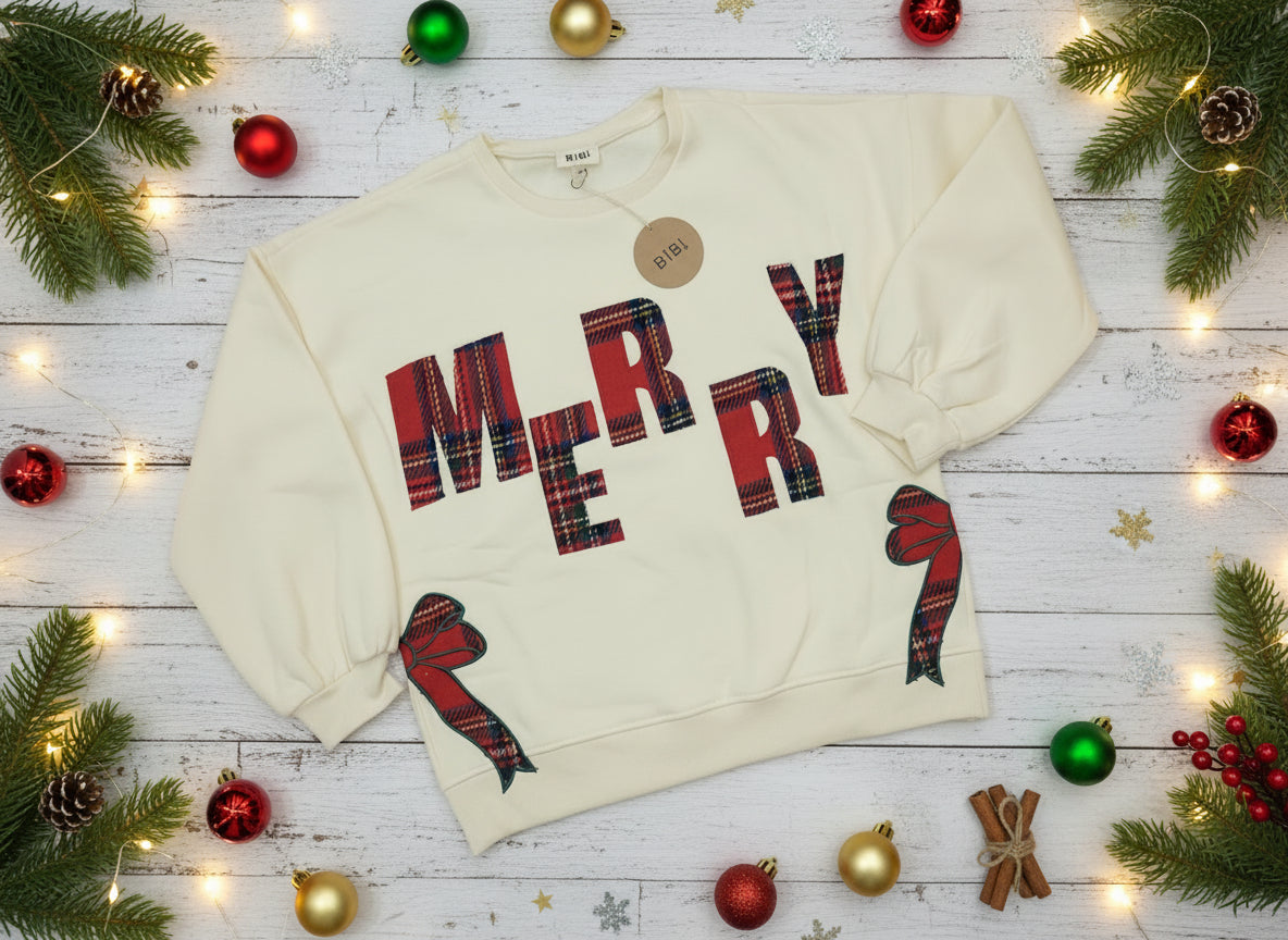 Beige Merry Sweatshirt with Plaid Embroidered Bows by BiBi