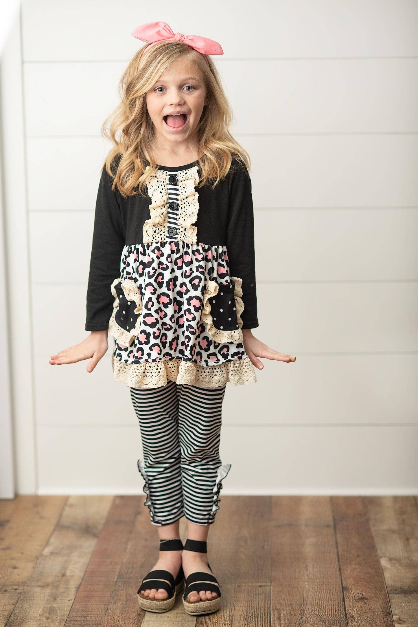 Kids Black Stripe Leopard Pocket Two Piece Fall Ruffle Set