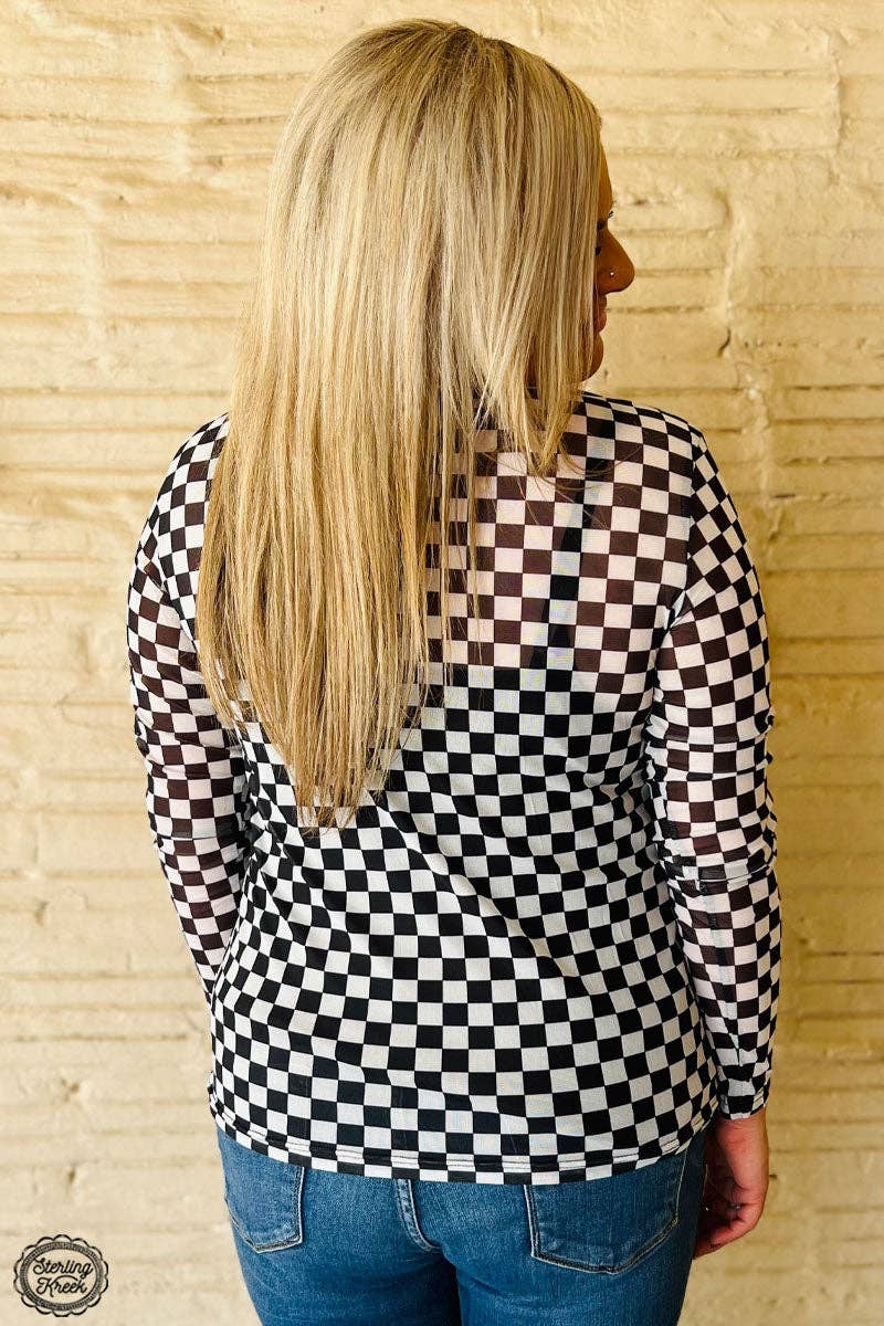 Sterling Kreek – Round The Track Black & White Checkered Mesh Top – Women’s Streetwear Layering Shirt