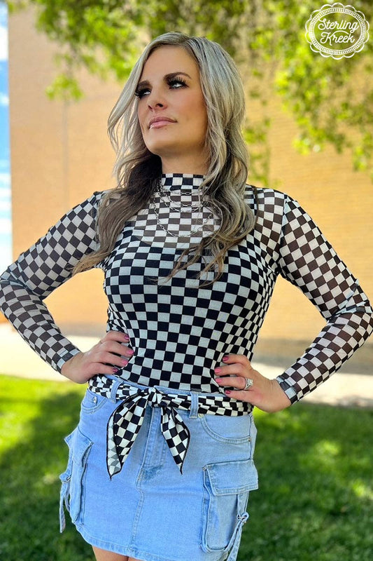 Sterling Kreek – Round The Track Black & White Checkered Mesh Top – Women’s Streetwear Layering Shirt
