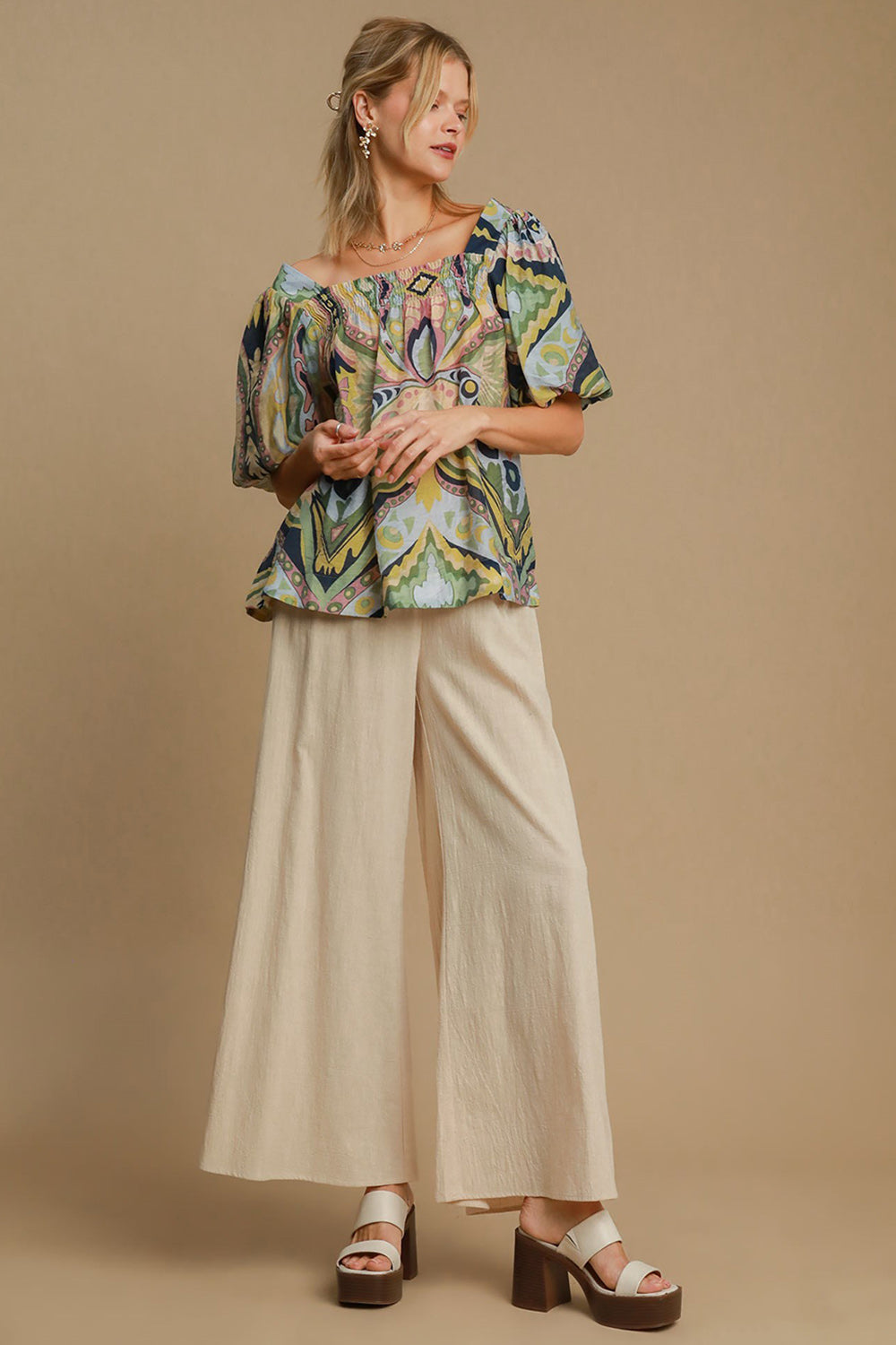 Restocked Umgee Full Size Abstract Print Smocked Square Neck Puff Sleeve Blouse