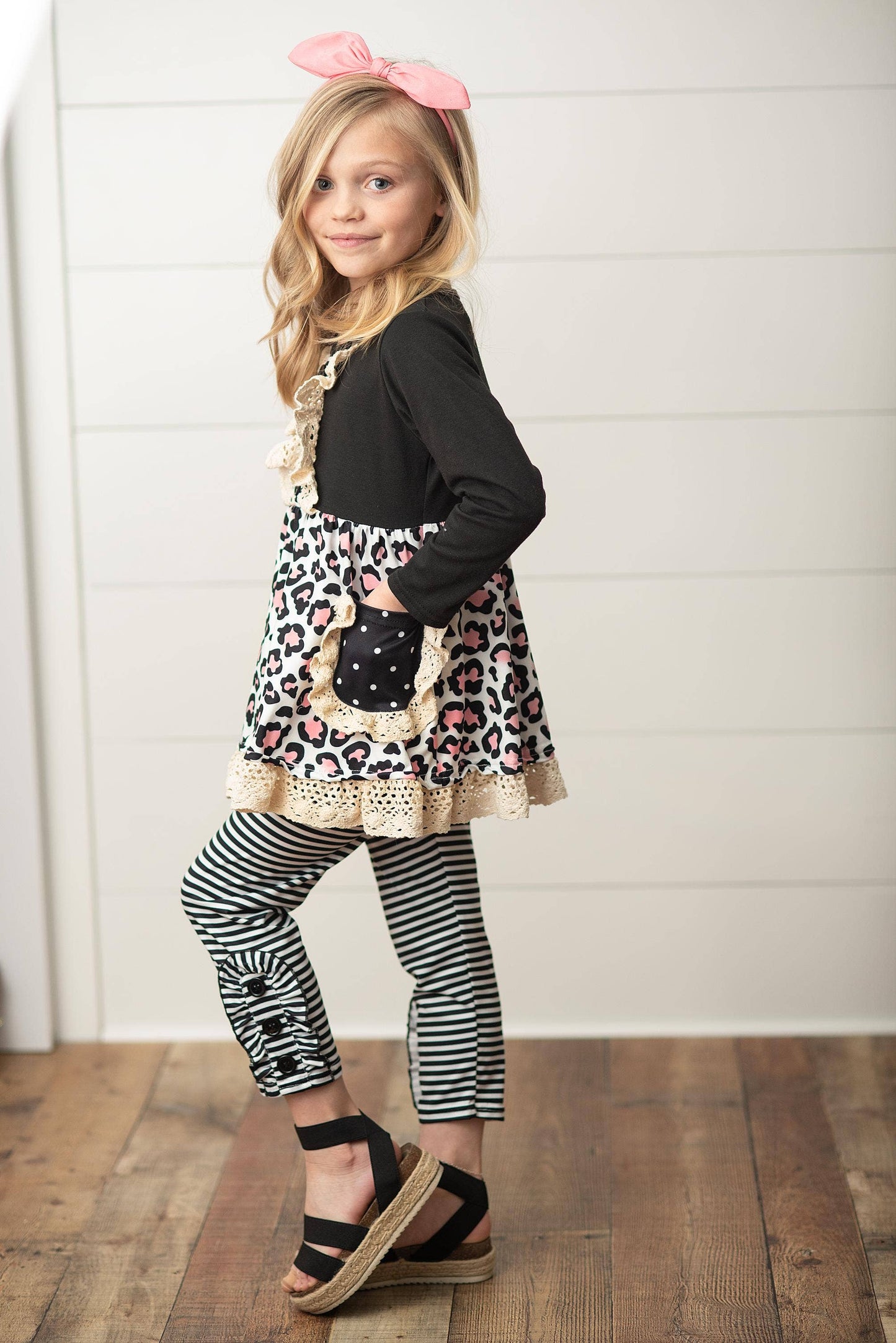 Kids Black Stripe Leopard Pocket Two Piece Fall Ruffle Set