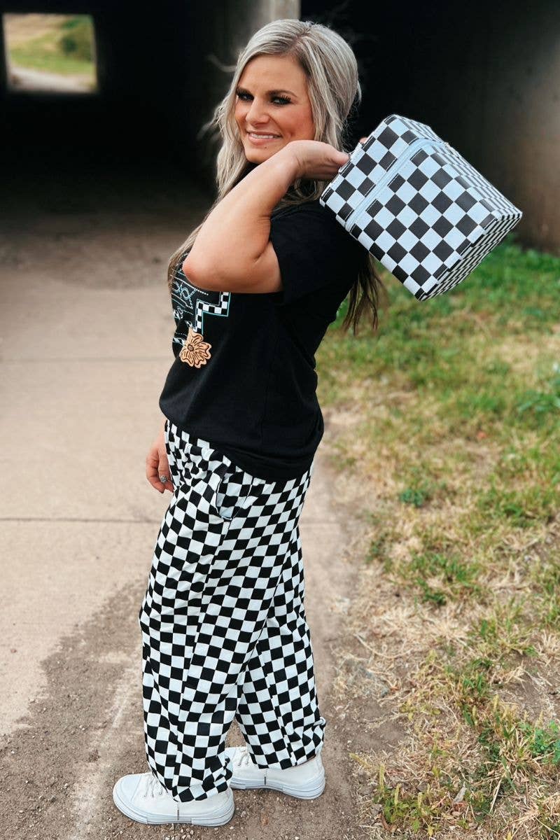 Round The Track Checkered Joggers – Black & White Streetwear Pants by Sterling Kreek